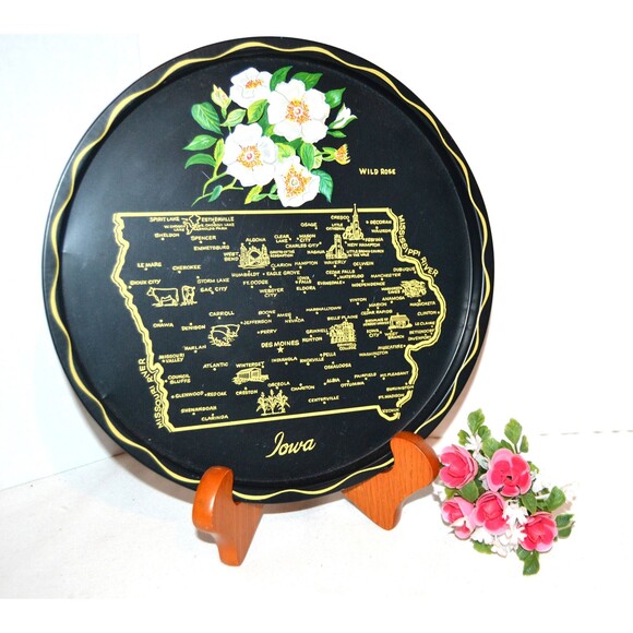 Vintage Iowa Souvenir Metal Tray Kitschy Wild Rose - Picture 1 of 4